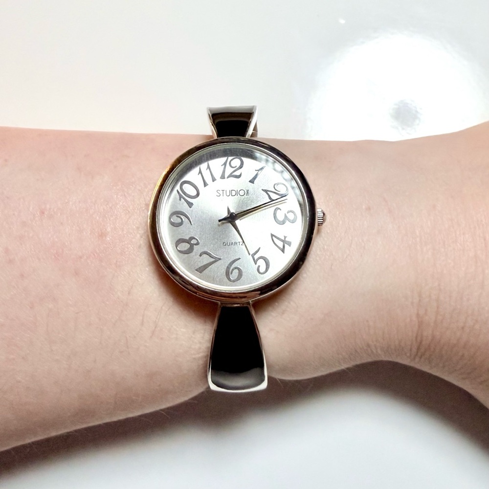Studio Time Cuff Watch Silver Tone Quartz Watch with Black Accents